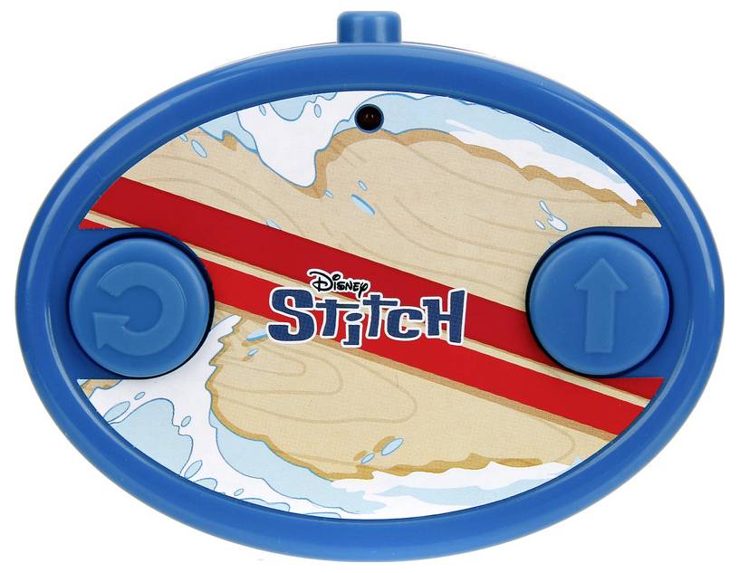 Owalny niebieski przyrząd z logo 'Disney Stitch', posiadający czerwony wzór przypominający drewno i dwa przyciski strzałkowe z symbolami kierunkowymi.