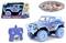 Zabawkowy Jeep Wrangler z pilotem w motywie postaci Stitcha w kolorze niebieskim, ozdobiony kolorowymi grafikami. Opakowanie zawiera obrazy pojazdu i projekt deski surfingowej z napisem "Just Chill".