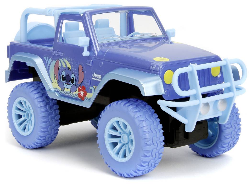 Niebieski zabawkowy jeep z naklejkami postaci z kreskówek, dużymi niebieskimi oponami i jasnoniebieskimi akcentami.