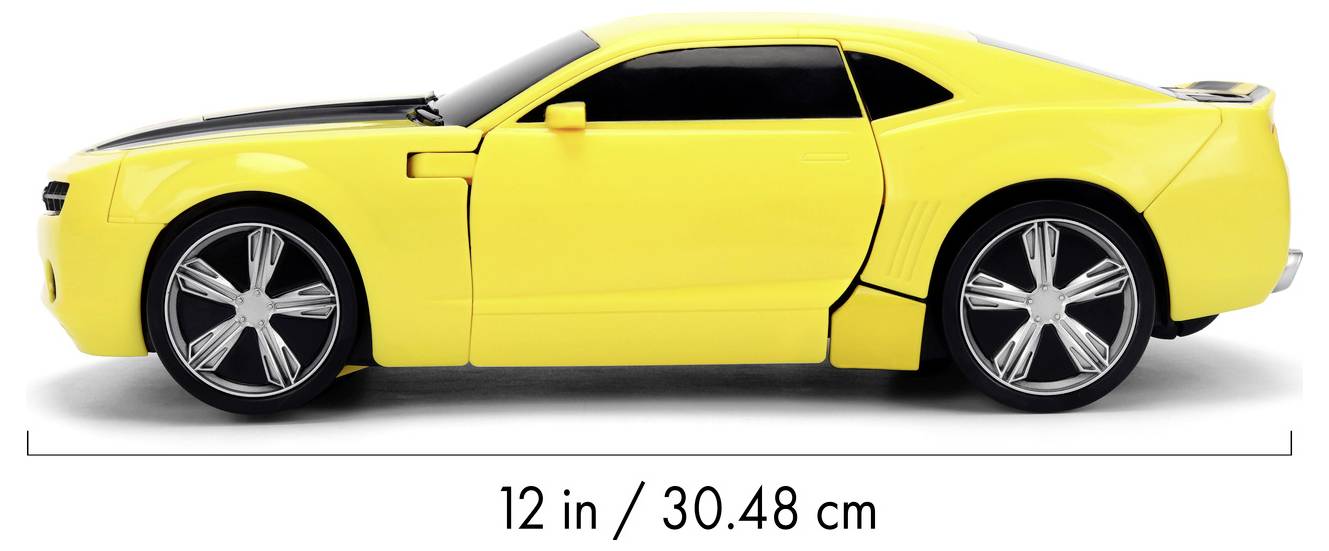 Żółty samochodzik zabawkowy, przypominający samochód sportowy, ukazany z boku na białym tle. Długość: 12 cali / 30,48 cm.