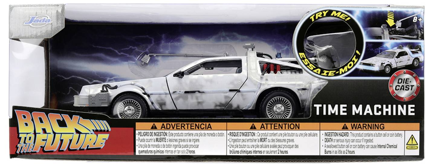 Opakowanie zabawki "Powrót do przyszłości" zawierające szczegółowy model samochodu DeLorean z maszyną czasu, z efektami świetlnymi i wykonaniem z odlewanego metalu.