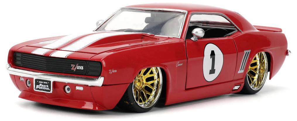 Czerwony samochodzik zabawkowy stylizowany na klasyczny samochód muscle car, z białymi paskami wyścigowymi i numerem '1' na bokach, z złotymi felgami.