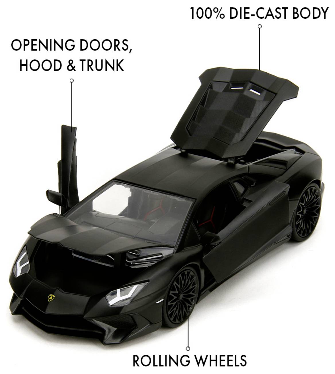 Czarny model samochodu odlewany z metalu z otwartymi drzwiami, maską i bagażnikiem. Opis tekstowy podkreśla cechy: „korpus w 100% odlewany z metalu", „otwierane drzwi, maska i bagażnik" oraz „obracające się koła".