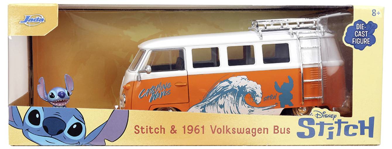 Opakowanie zabawki "Stitch & 1961 Volkswagen Bus" z odlewaną figurką. Autobus w stylu surfingowym z grafiką fal.
