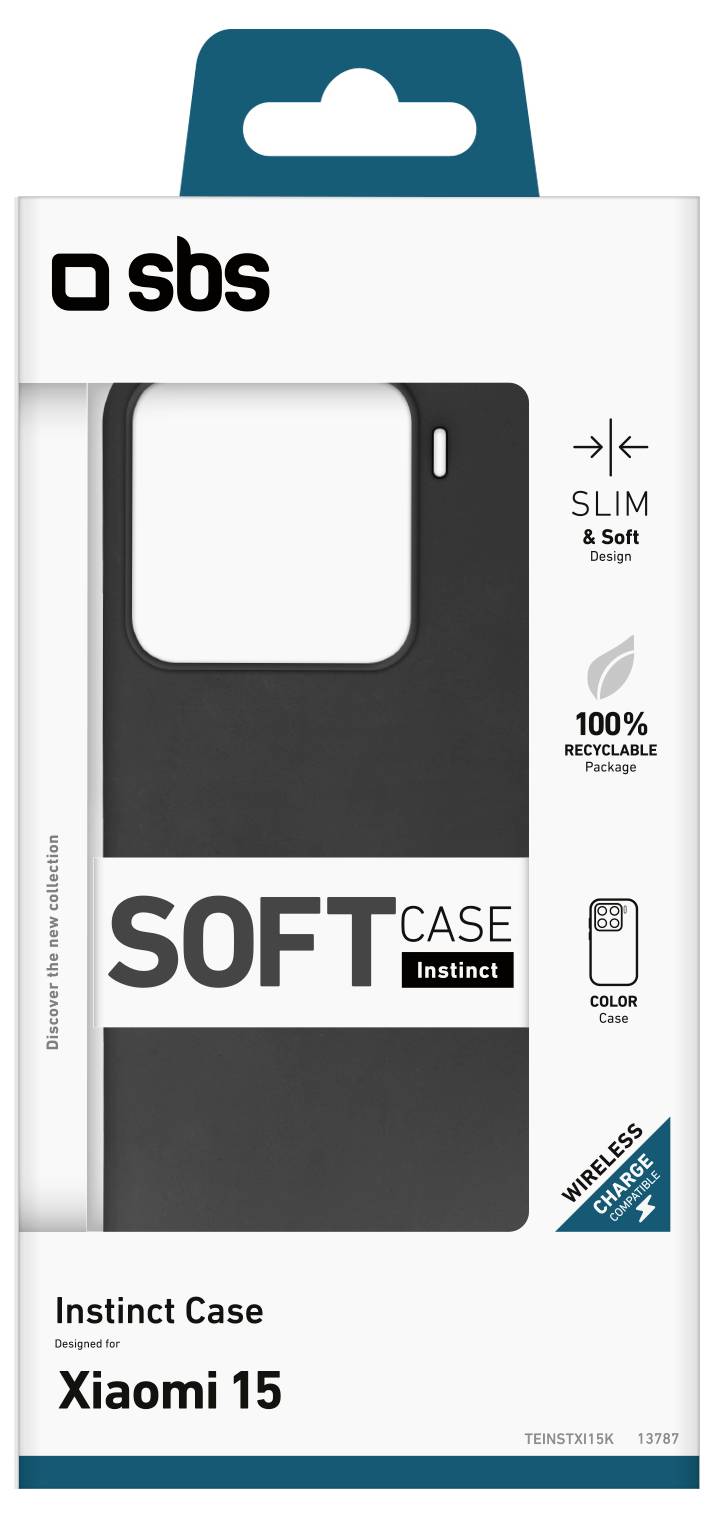 Opakowanie „Soft Case Instinct dla Xiaomi 15". Cechy obejmują smukły design, miękki dotyk, obsługę ładowania bezprzewodowego i 100% opakowanie można poddać recyklingowi.