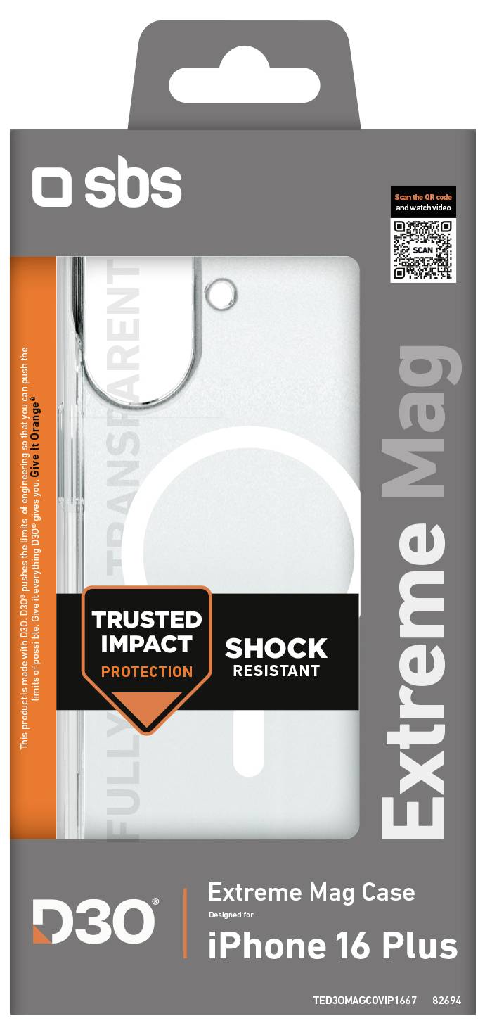 Opakowanie „iPhone 16 Plus Extreme Mag Case" przedstawiające przezroczysty etui telefonu z etykietami „Trusted Impact Protection" i „Shock Resistant".