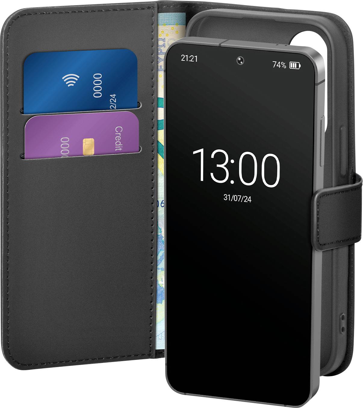 Smartfon w etui typu flip z kieszonkami na karty, wyświetlający godzinę „13:00" i datę „31/07/24". Widoczne są dwie karty kredytowe i mapa.