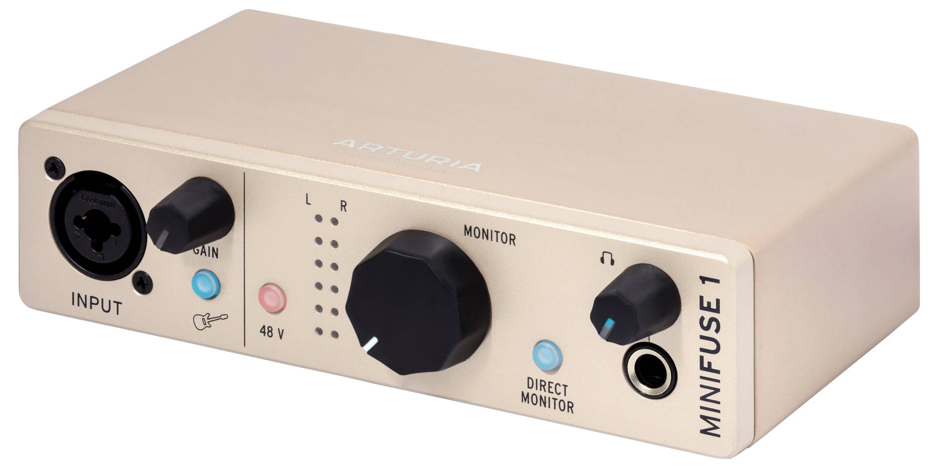 Interfejs audio z wejściem XLR/jack combo, pokrętłem wzmocnienia, przyciskiem '48V', pokrętłem monitorowania z indykatorami L/R oraz opcją 'BEZPOŚREDNIEGO MONITOROWANIA'.