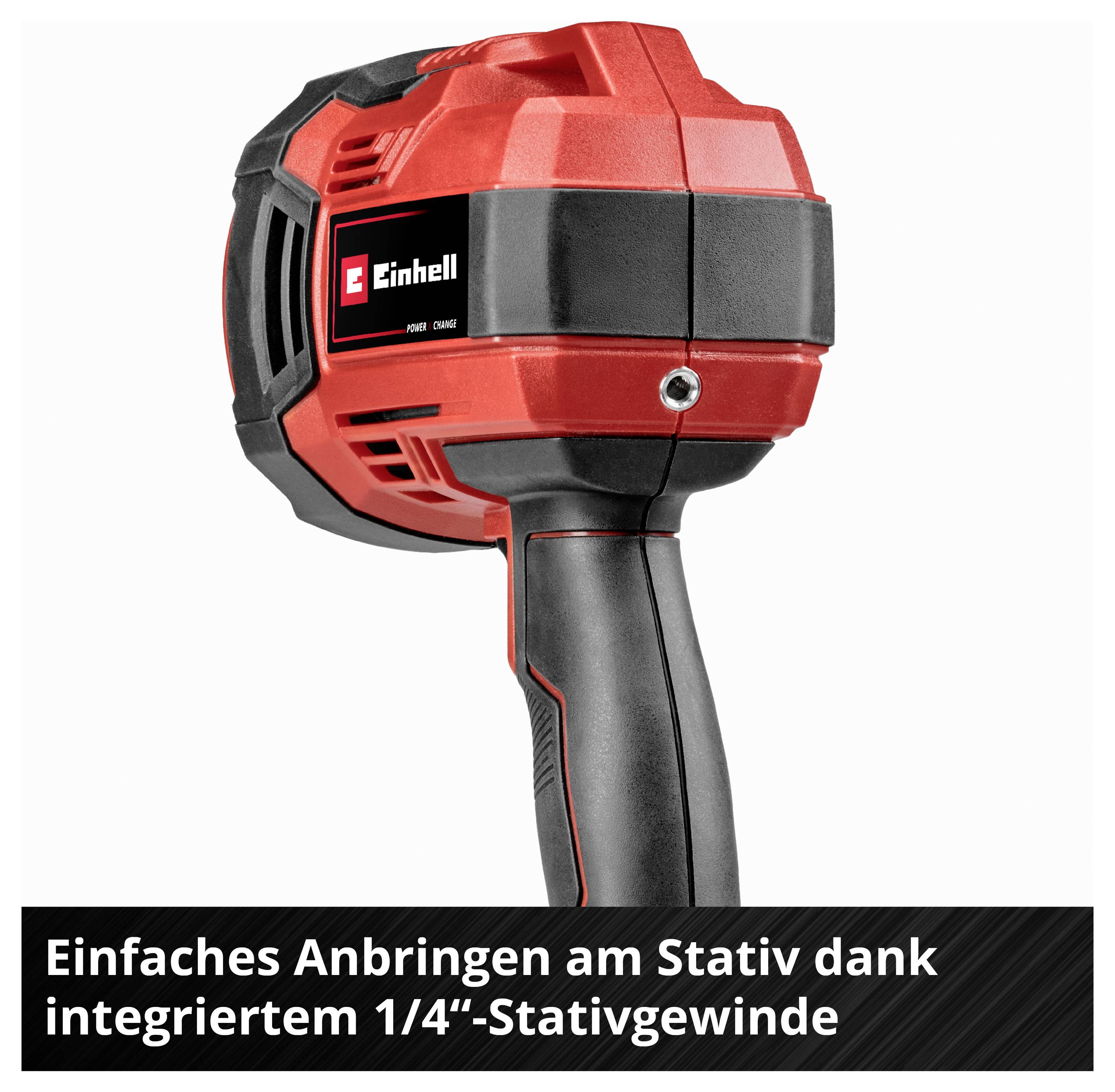 Czerwone urządzenie marki Einhell z uchwytem, odpowiednie do mocowania na statywach dzięki zintegrowanemu gwinतowi statywemu 1/4".