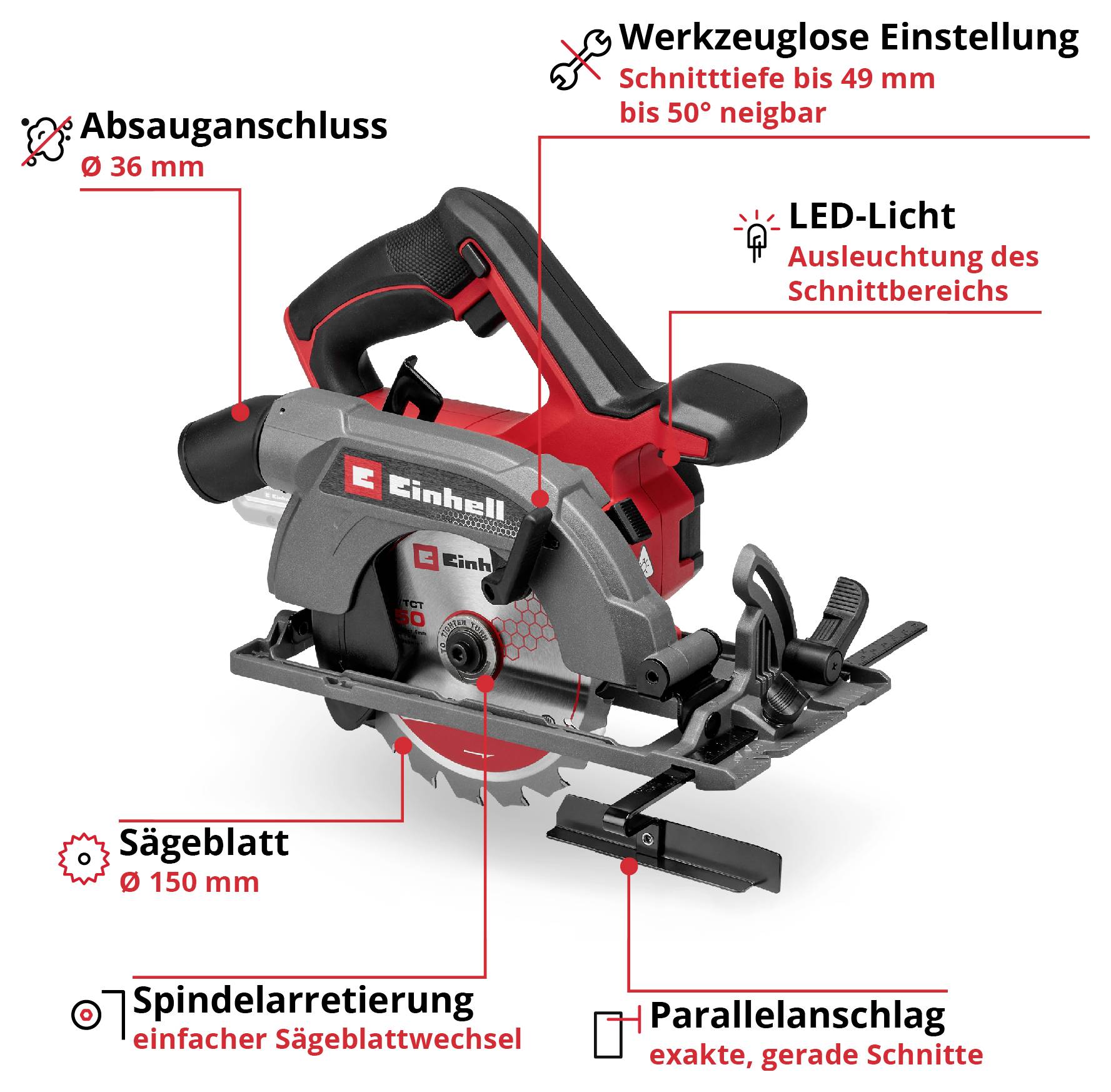 Акумуляторна дискова пилка Einhell TE-CS 18/150-2 Li - Solo 18 V. Максимальна глибина різання (90°) 49 мм