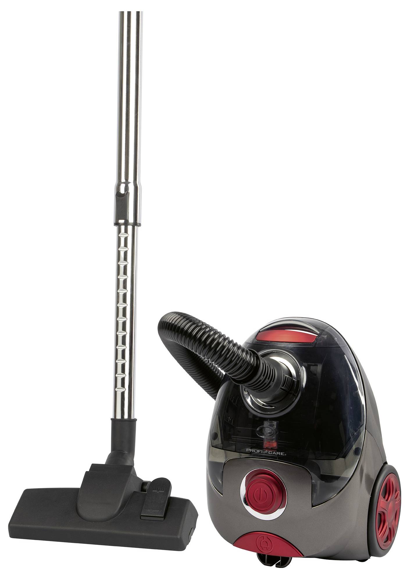 Obraz przedstawia kompaktowy, srebrno-czarny odkurzacz w kształcie cylindra, wyposażony w czerwony przycisk i wąż, z wyjmowanym zbiornikiem na kurz.