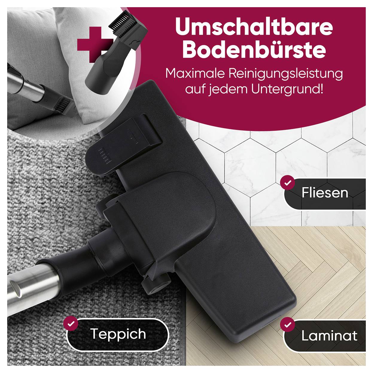 Wymienne szczotki podłogowe i dysza ssąca do różnych rodzajów podłóg. Tekst podkreśla maksymalną skuteczność czyszczenia na płytkach, dywanie, panelach.