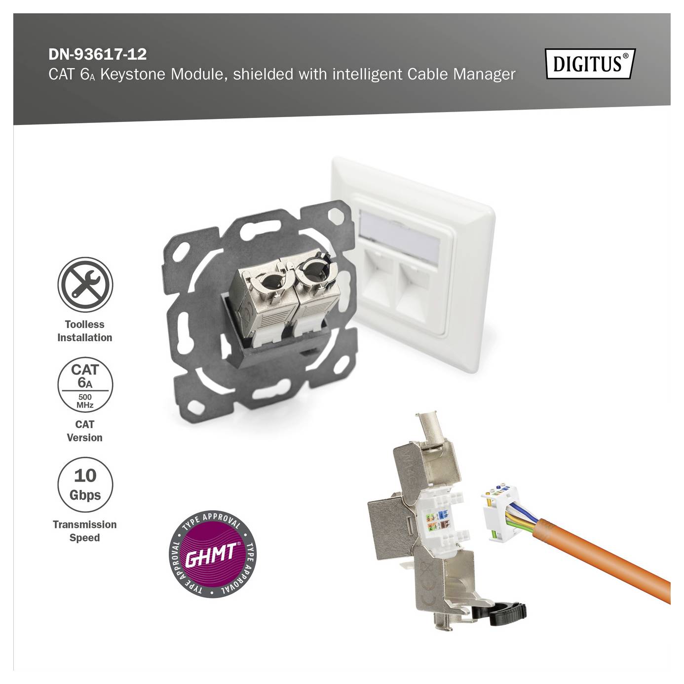 'DN-93617-12 Moduł Keystone CAT 6A' z osłonięty, inteligentny menedżer kabli. Pokazuje instalację bez narzędzi, obsługuje 10 Gbps.