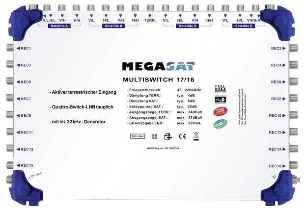 Мультиперемикач MegaSat SAT 0600155 Входи (мультиперемикач): 17 (16 супутникових/ 1 ефірний) Кількість учасників: 16