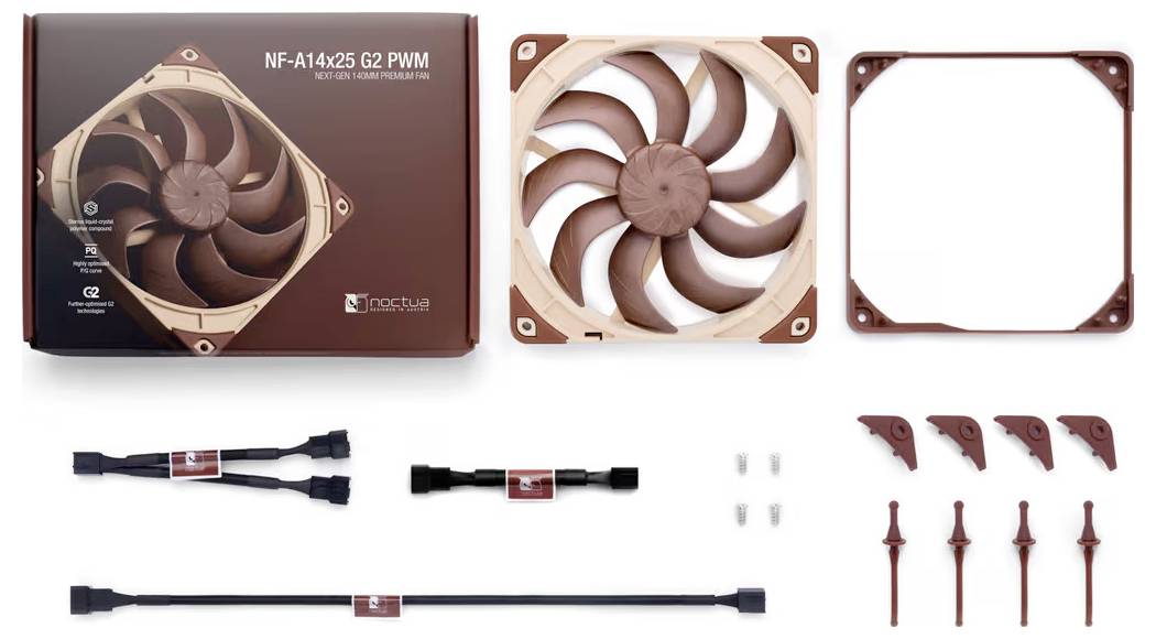 Wentylator Noctua NF-A14x25 G2 PWM z opakowaniem i akcesoriami, w tym kablami, śrubami i gumowymi mocowaniami, wyświetlany na białym tle.