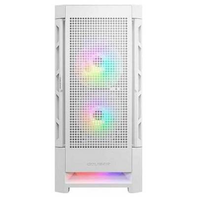 Biała obudowa komputera z obudową wieżową wyposażona w dwa przednie wentylatory RGB z wielokolorowymi światłami.