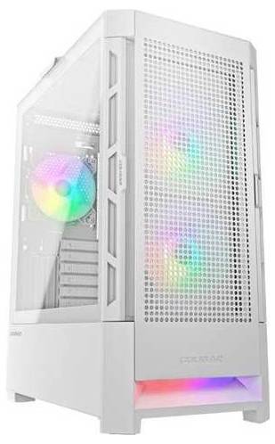 Biała obudowa komputera z przezroczystym panelem bocznym eksponuje żywe, wielobarwne podświetlenie RGB wewnątrz, bijące od wewnętrznych komponentów.