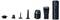 Czarny, bezprzewodowy system odkurzacza z różnymi akcesoriami, w tym dyszami i szczotkami, wyświetlany w linii na prostym tle.