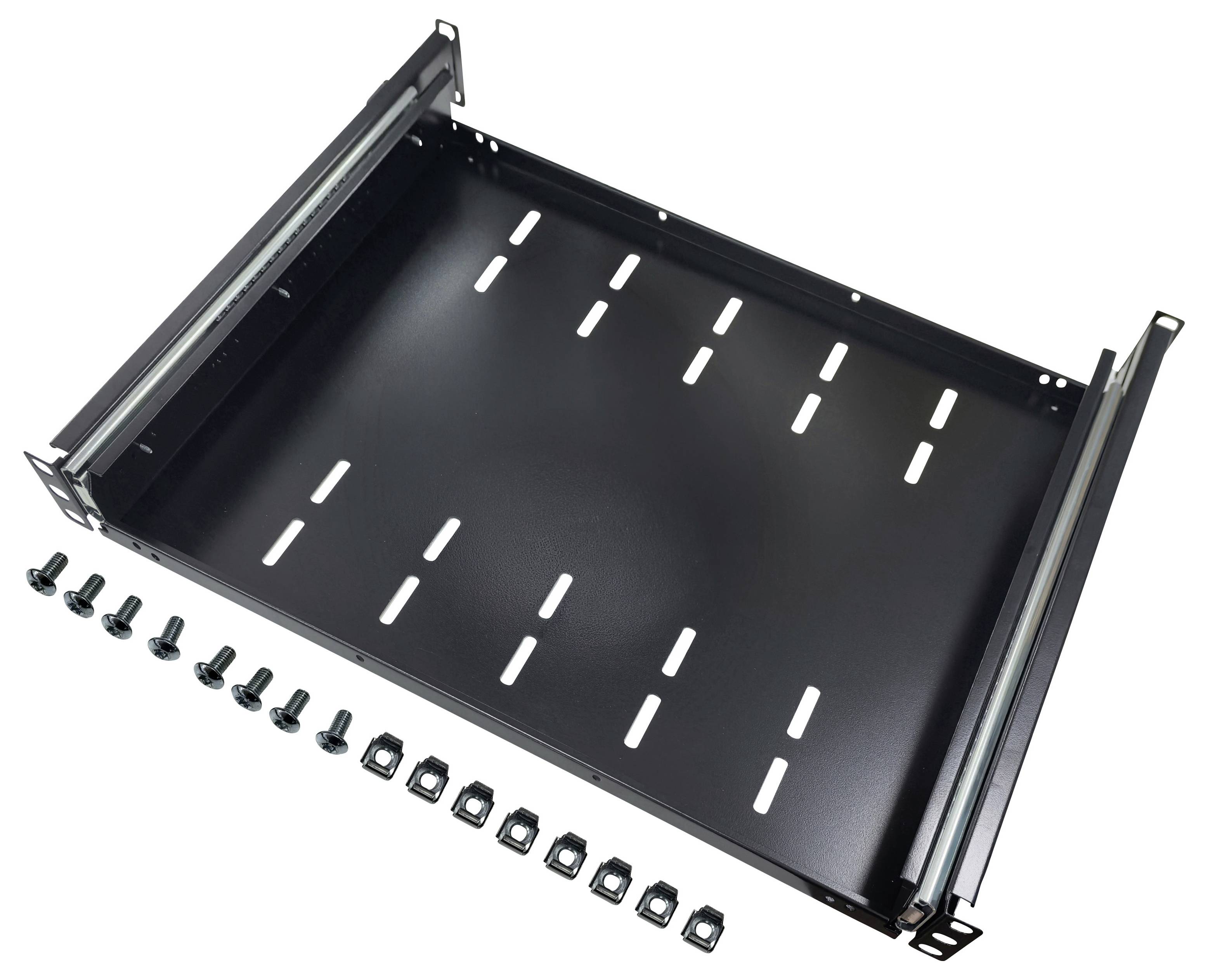 Полка для устройств Renkforce RF-7112942, 19 дюймов, 1U, выдвижная. Подходит для шкафов глубиной от 500 мм, черная.