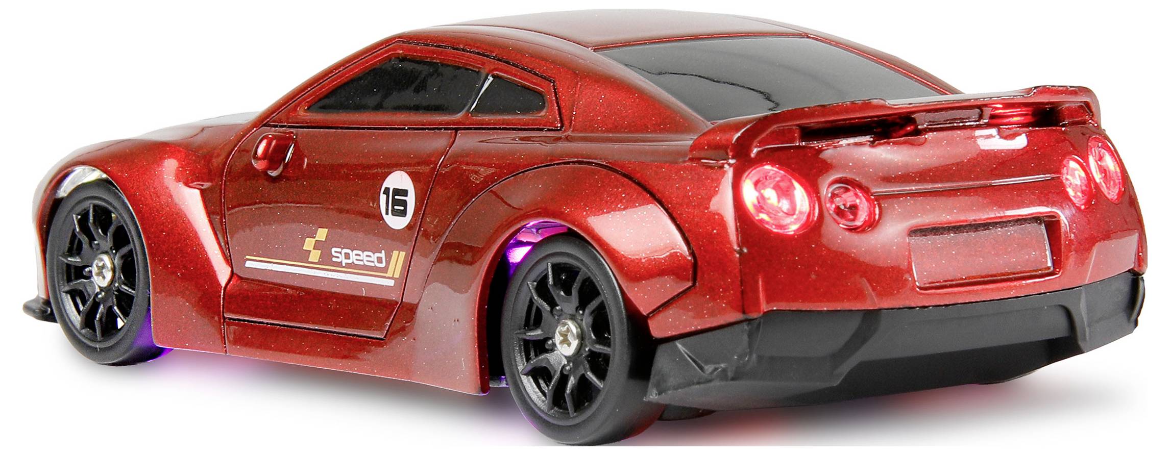Czerwony samochód wyścigowy z czarnymi kołami, widziany z tylnej strony. Ma numer '16' i logo prędkości na boku, prezentujący sportowy design.
