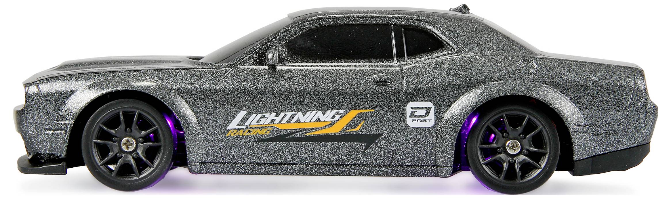 Metalowy samochodzik zabawka z naklejką 'Lightning' na boku, wyposażony w czarne koła i smukłą sylwetkę.
