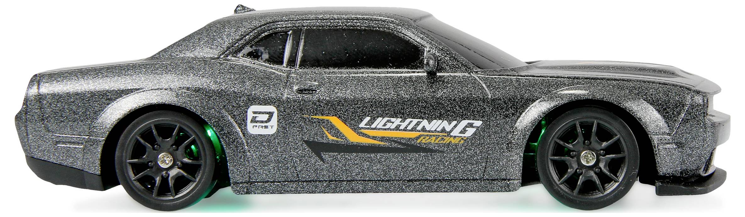 Szary samochodzik zabawkowy z naklejkami 'Lightning Racing' na boku, wyposażony w czarne koła i elegancki, sportowy kształt nadwozia.