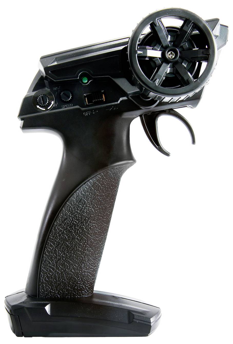 'Czarny kontroler samochodu RC z kierownicą, spustem i włącznikiem zasilania; projekt odpowiedni do precyzyjnego sterowania radiowego.'