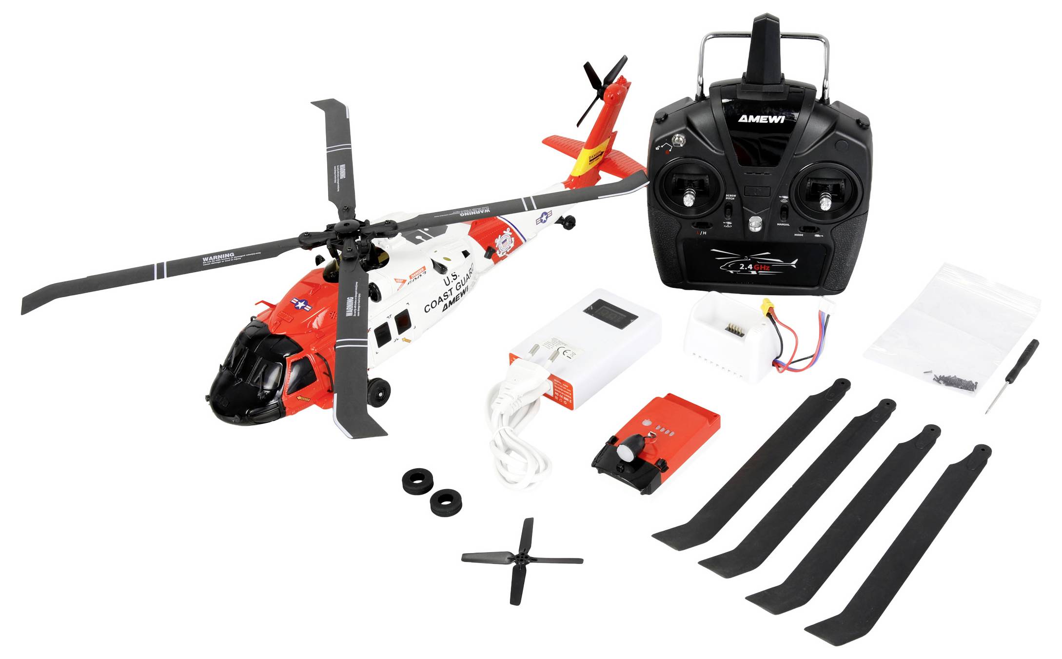 Zestaw zdalnie sterowanego helikoptera w kolorach czerwonym i białym zawiera nadajnik, baterię, ładowarkę, dodatkowe śmigła i małe akcesoria.