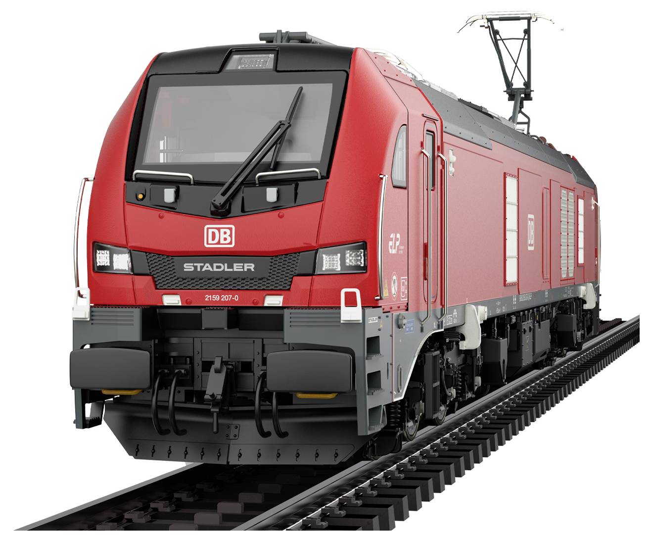 Nowoczesna, opływowa lokomotywa towarowa w kolorze czerwonym z logo DB, poruszająca się po torach kolejowych, wyposażona w napowietrzne przewody elektryczne.