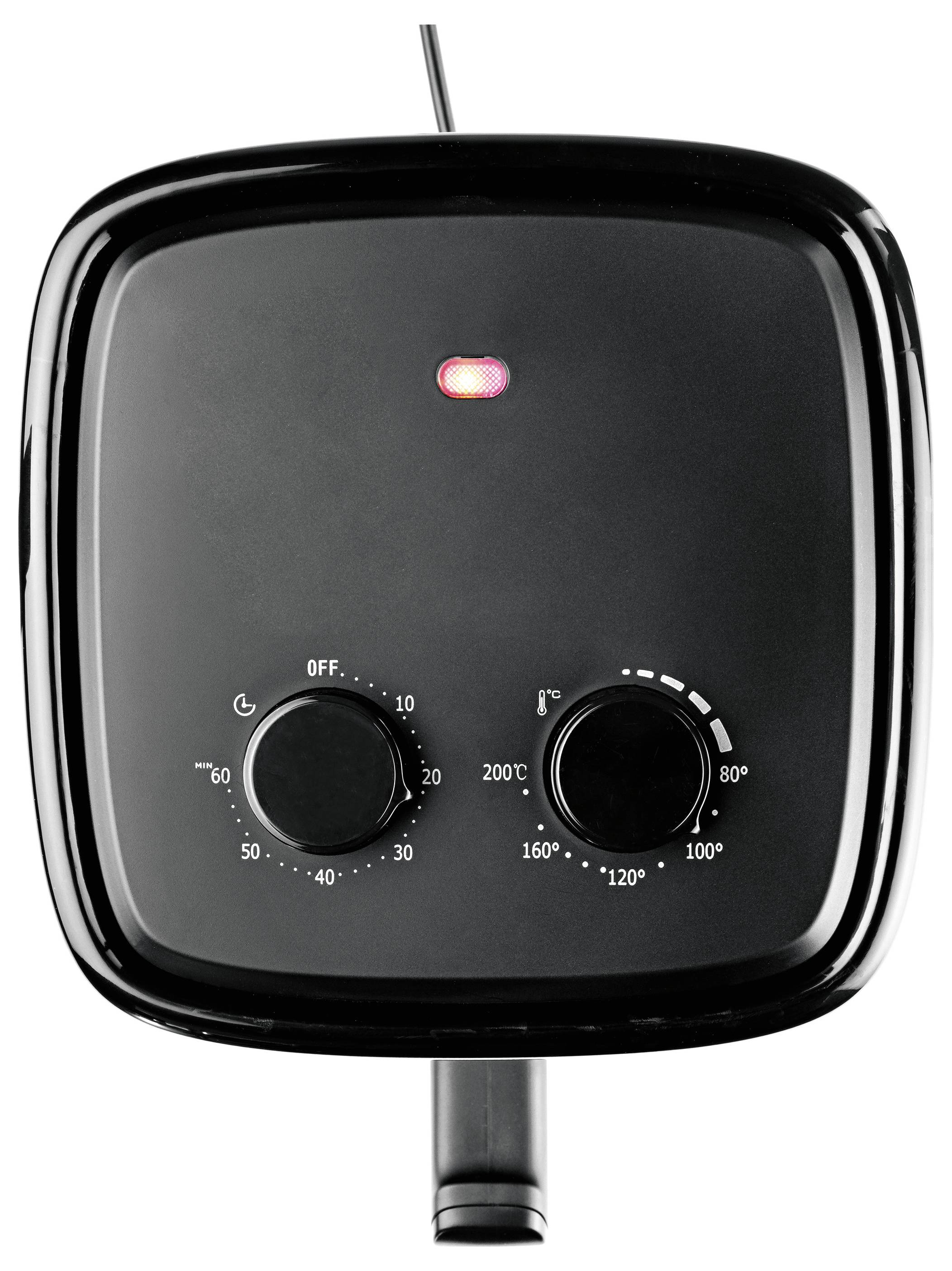 Czarny sprzęt z dwoma pokrętłami: lewe pokrętło przedstawia ustawienia 'WŁ./WYŁ.' oraz temperatury, prawe pokrętło wskazuje regulację temperatury, sięgającą do 200°C.