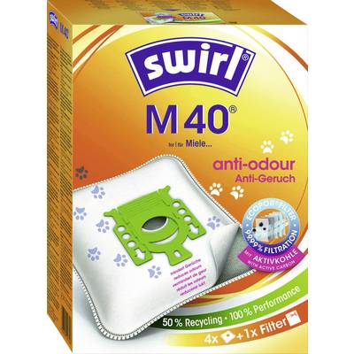 Worki do odkurzacza Swirl M40 z filtrem pochłaniającym zapachy, przeznaczone do odkurzaczy Miele, z zieloną ilustracją filtra i informacją o recyklingu.
