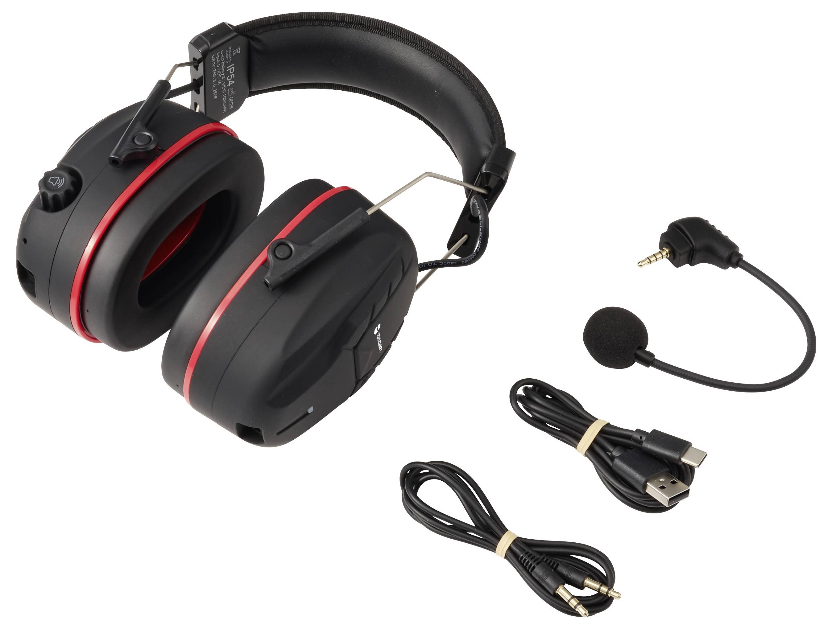 Czarny zestaw słuchawkowy nauszny z czerwonym wykończeniem, mikrofonem wysięgnikowym, odłączalnym kablem audio i złączem 3,5 mm na białym tle.