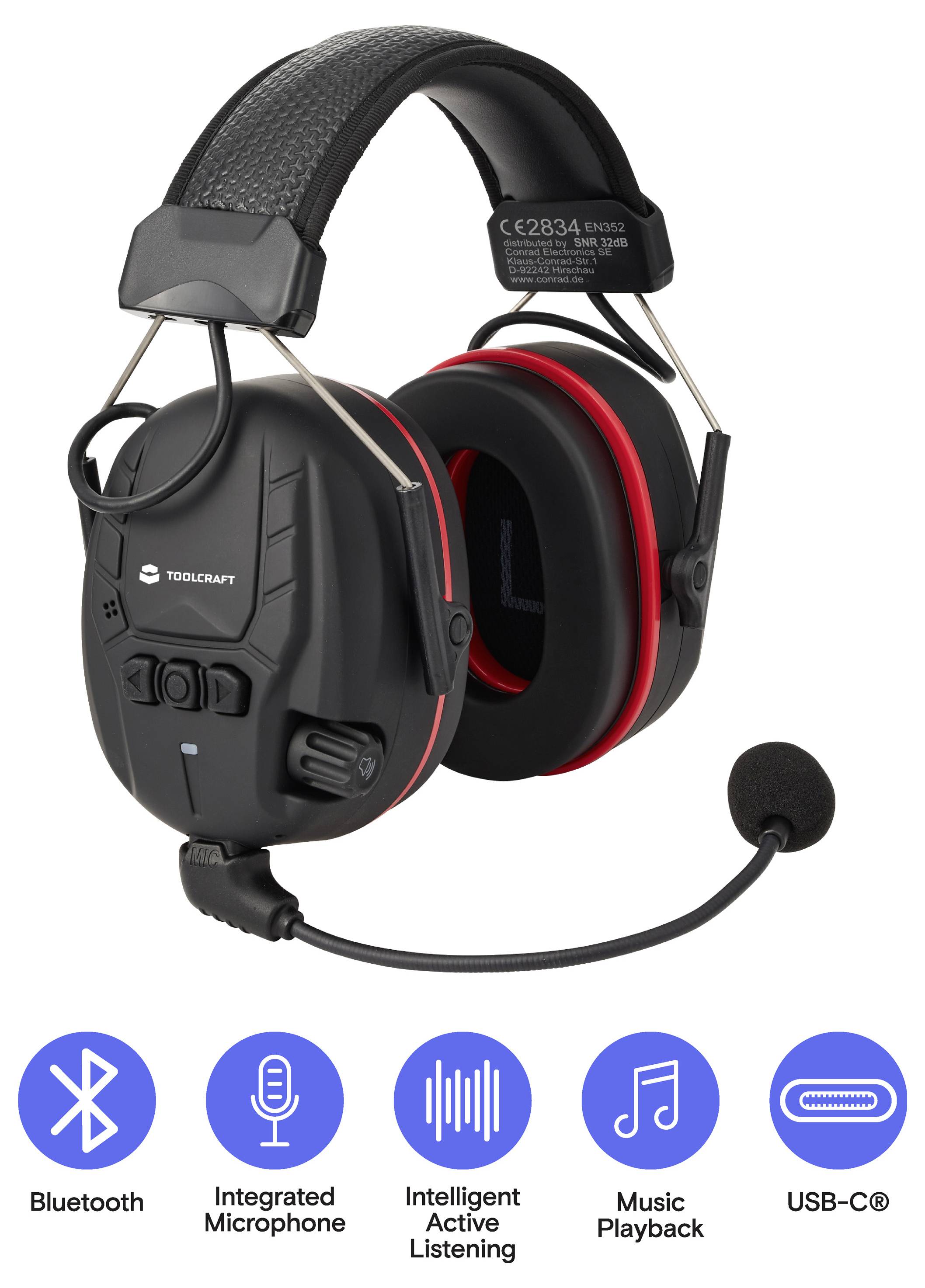 Czarne nauszne słuchawki ochronne Bluetooth z mikrofonem wysięgnikowym, wyświetlające ikony zintegrowanego mikrofonu, aktywnego nasłuchiwania, odtwarzania muzyki i ładowania USB-C.