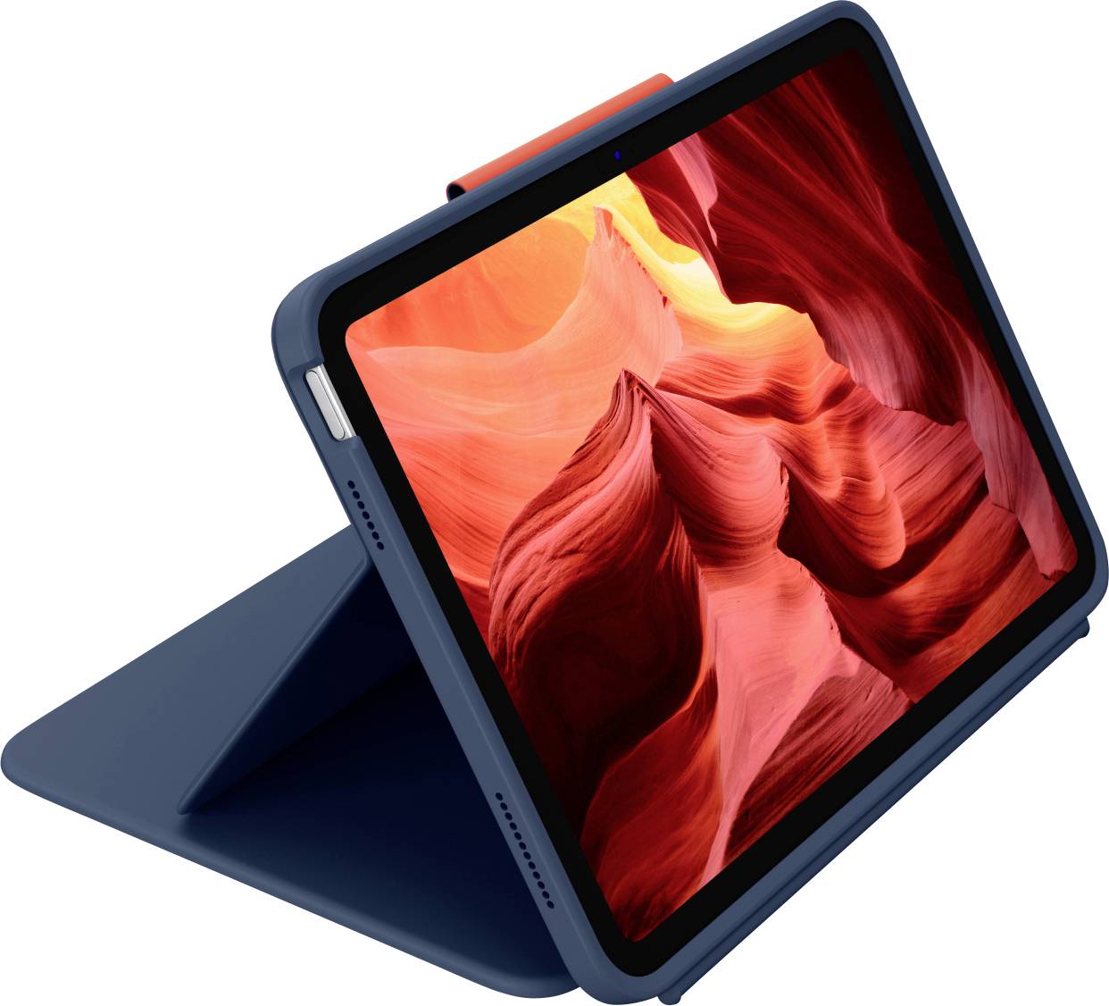 Tablet w niebieskim etui wyświetla na ekranie żywy obraz czerwonego skalistego kanionu, umieszczony na stojaku do oglądania.