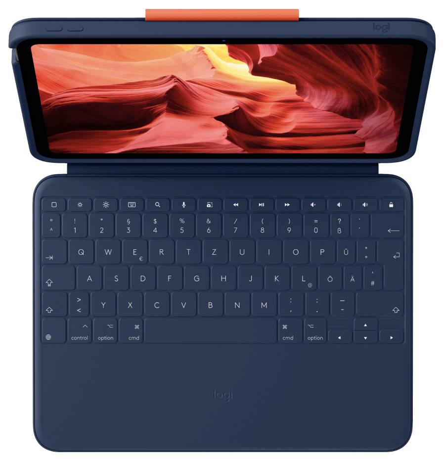 Tablet z żywym czerwonym i pomarańczowym ekranem jest podłączony do ciemnoniebieskiej klawiaturowej obudowy, sugerując przenośną konfigurację komputerową.