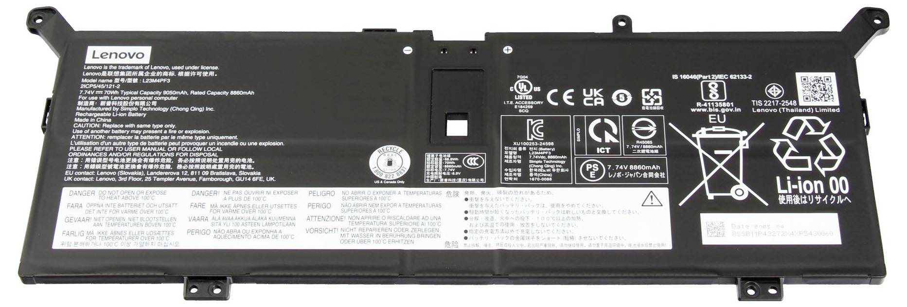 Bateria laptopa z etykietą wyświetlającą specyfikacje, symbole bezpieczeństwa i informacje dotyczące recyklingu.