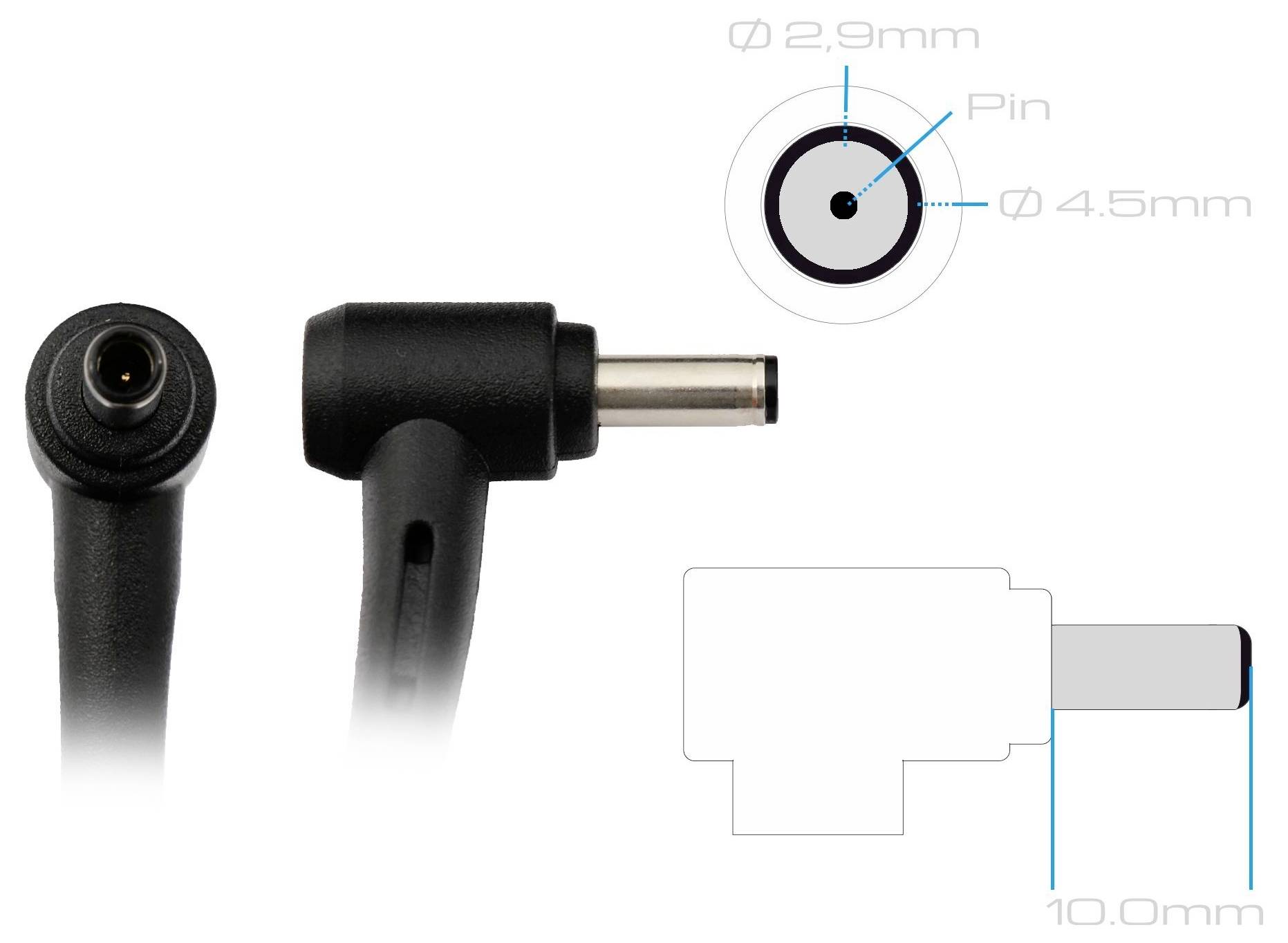 Zbliżenie wtyczki zasilającej DC w kolorze czarnym z wymiarami: średnica bolca 2,9 mm, średnica zewnętrzna 4,5 mm, długość 10,0 mm. Przedstawiono dwa widoki końcowe.