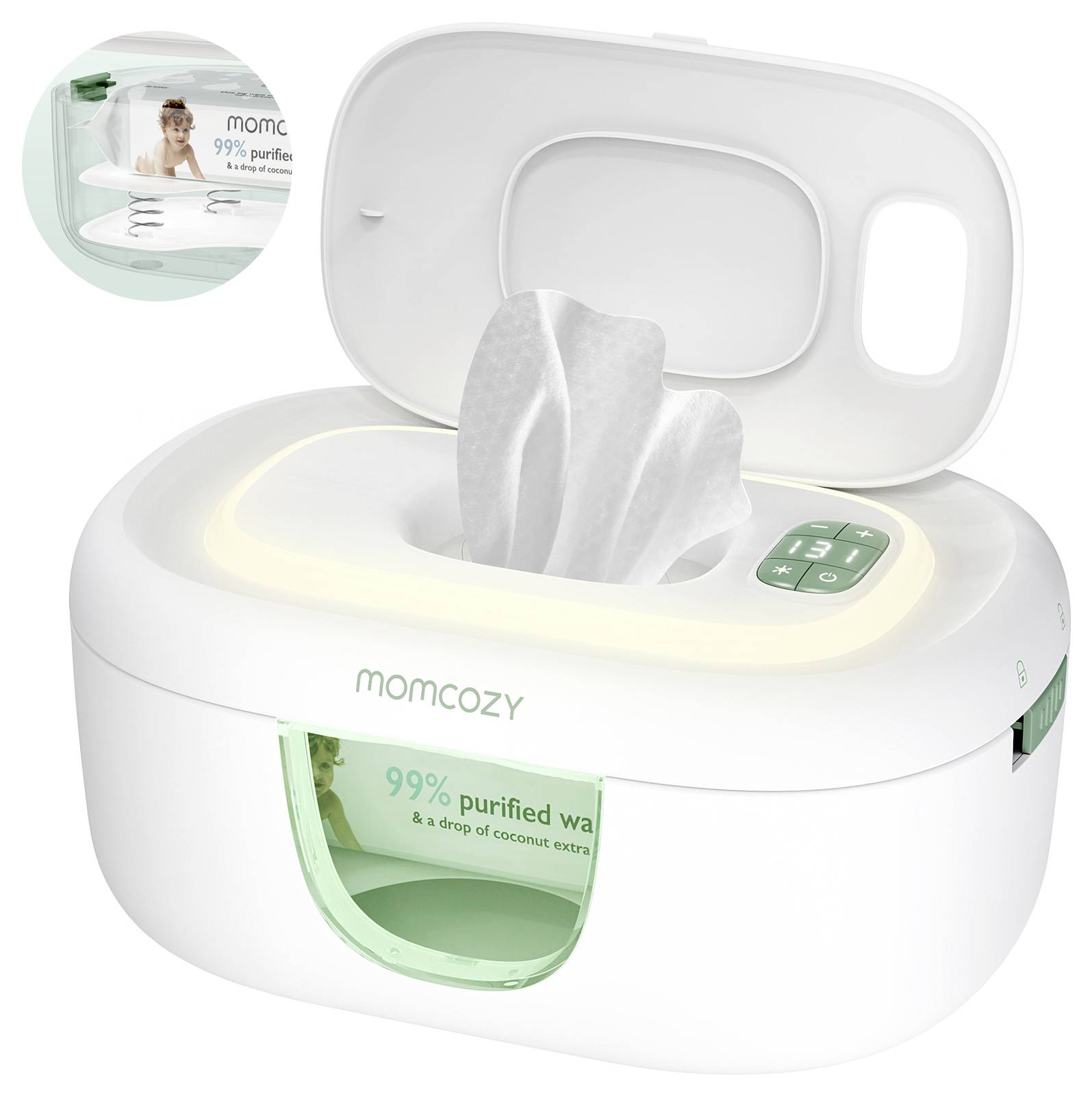 Dozownik chusteczek nawilżanych z otwartym wieczkiem, prezentujący kilka chusteczek. Urządzenie posiada wyświetlacz cyfrowy i jest oznaczone napisami 'momcozy' oraz '99% oczyszczonej wody'.