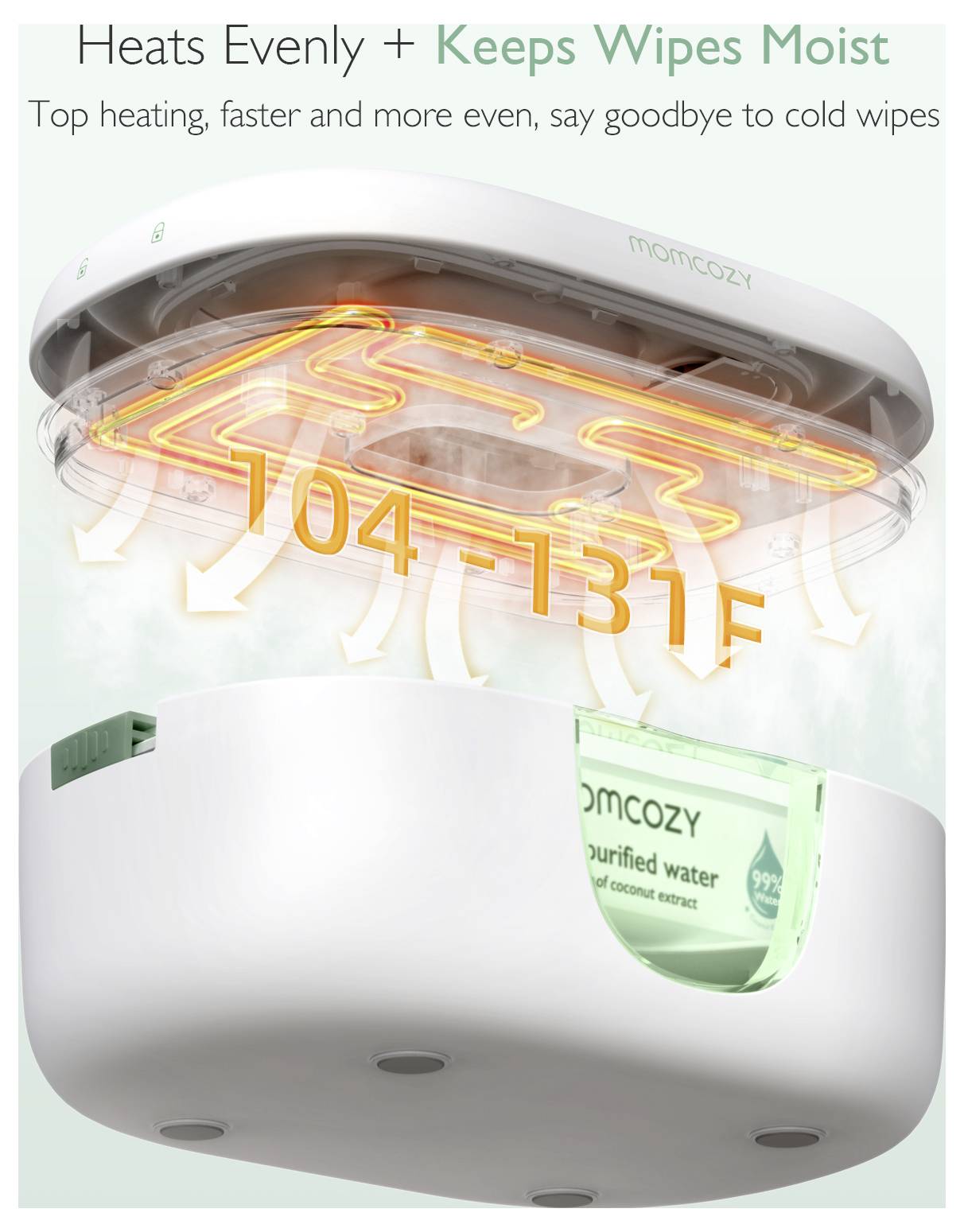 Biały podgrzewacz do chusteczek z widoczną cewką grzewczą, prezentujący temperatury od 104 do 131°F. Tekst podkreśla równomierne ogrzewanie wilgotnych chusteczek.