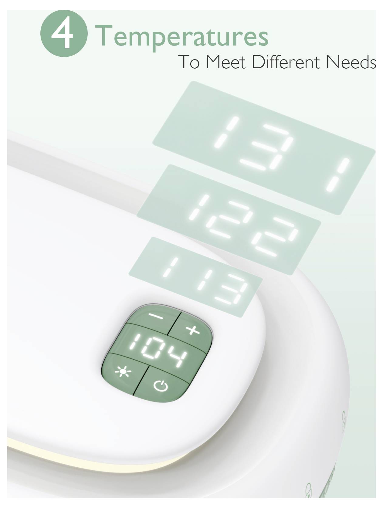 Wyświetlacz cyfrowy prezentujący cztery opcje temperatury: 131, 122, 113, 104, aby spełnić różne potrzeby. Zawiera panel sterowania z przyciskami.