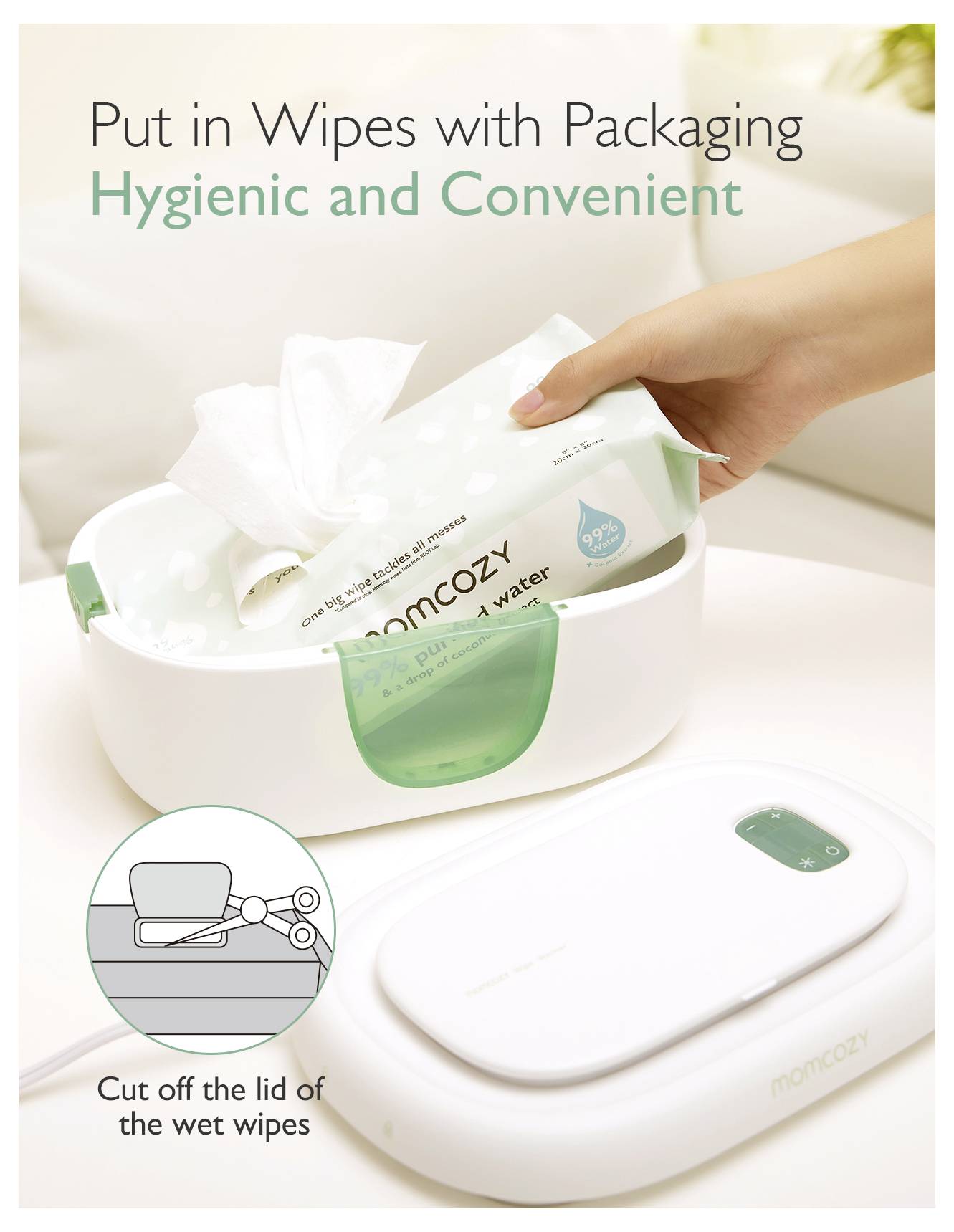 Dłoń wkłada zapakowane wilgotne chusteczki do białej zielonej dozownika. Tekst głosi: 'Wkładaj chusteczki w opakowaniu - Higieniczne i Wygodne'. Obraz przedstawia wskazówkę dotyczącą odcięcia przykrywki.