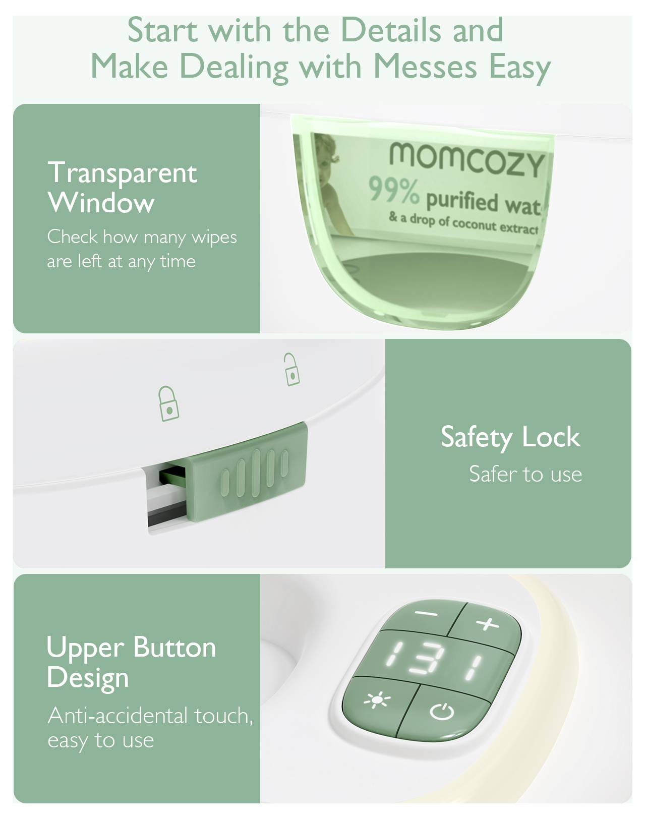 Dozownik chusteczek 'Momcozy' posiada przezroczyste okienko do sprawdzania zapasu chusteczek, blokadę bezpieczeństwa dla bezpieczniejszego użycia oraz wygodny przycisk na górnej części.