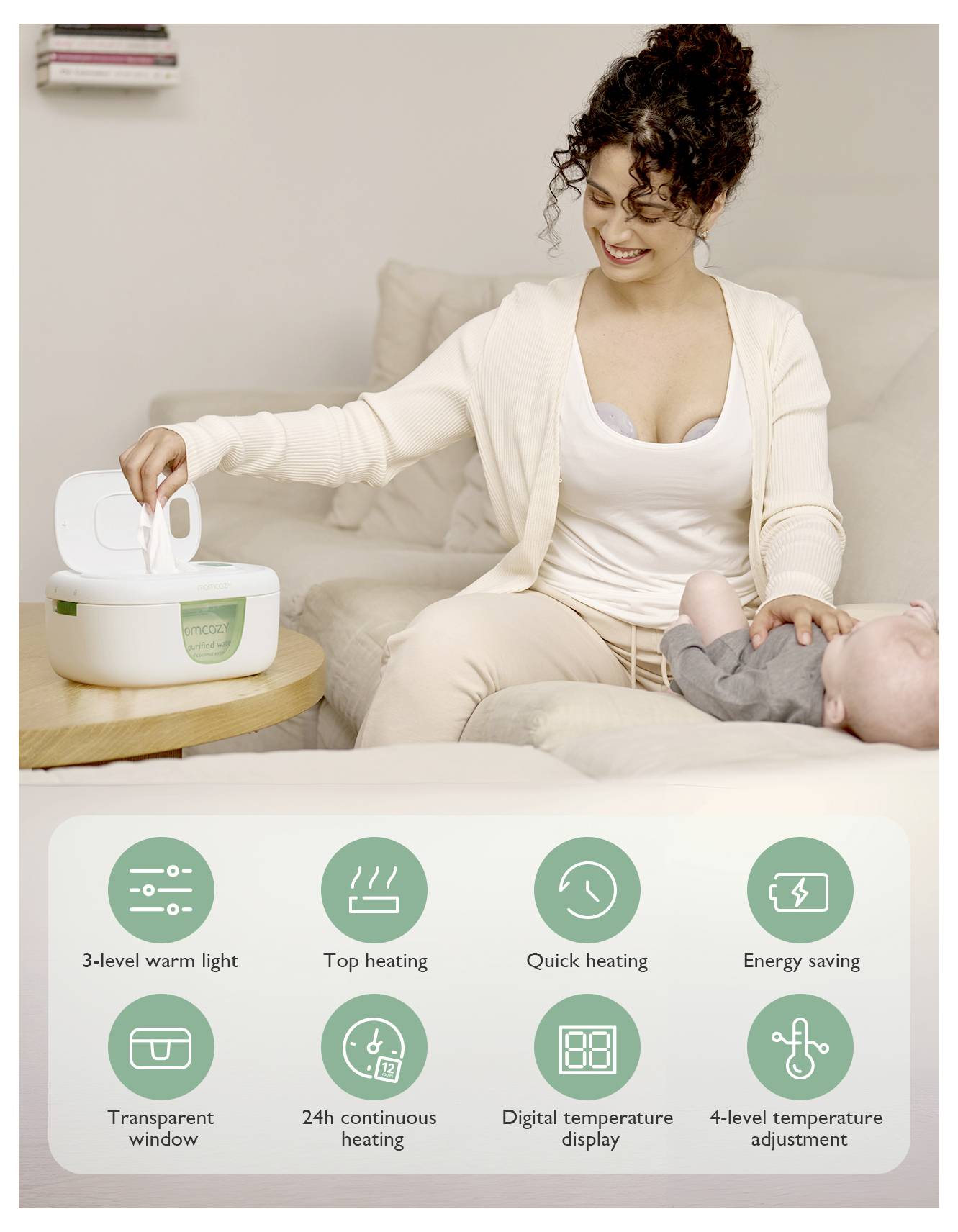 Uśmiechnięta kobieta używa dozownika chusteczek nawilżanych z niemowlęciem. Poniżej są cechy: ciepłe światło, ogrzewanie górne, szybkie nagrzewanie, oszczędzanie energii itp.