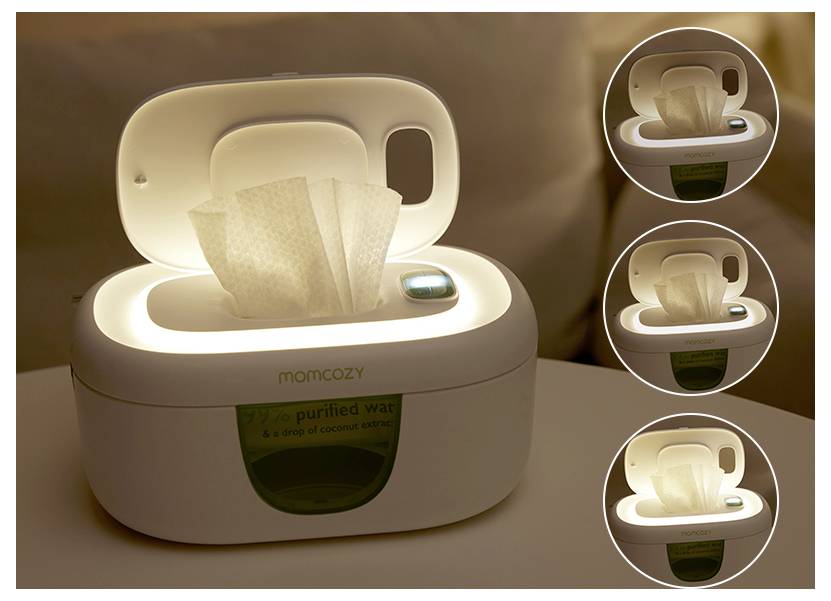 Dozownik chusteczek podświetlany od wewnątrz, prezentujący stos gotowych do użycia chusteczek, z mniejszymi zdjęciami bocznymi podkreślającymi jego świecącą funkcję.