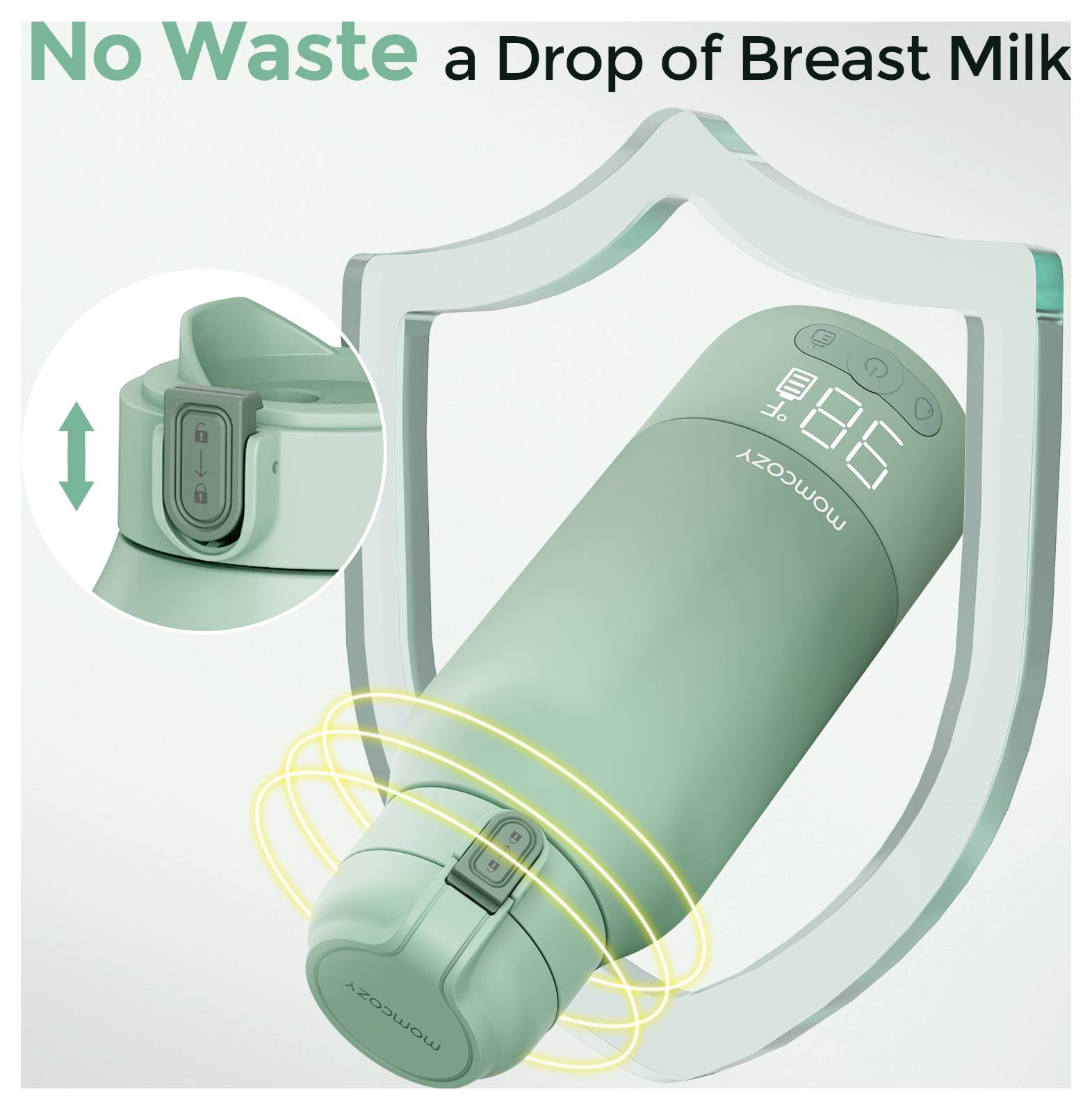 Zielone urządzenie do przechowywania mleka kobiecego z wyświetlaczem cyfrowym i zabezpieczonym zamknięciem. Napis głosi: "Ani Kropli Mleka się nie Zmarnuje", podkreślając bezpieczeństwo.