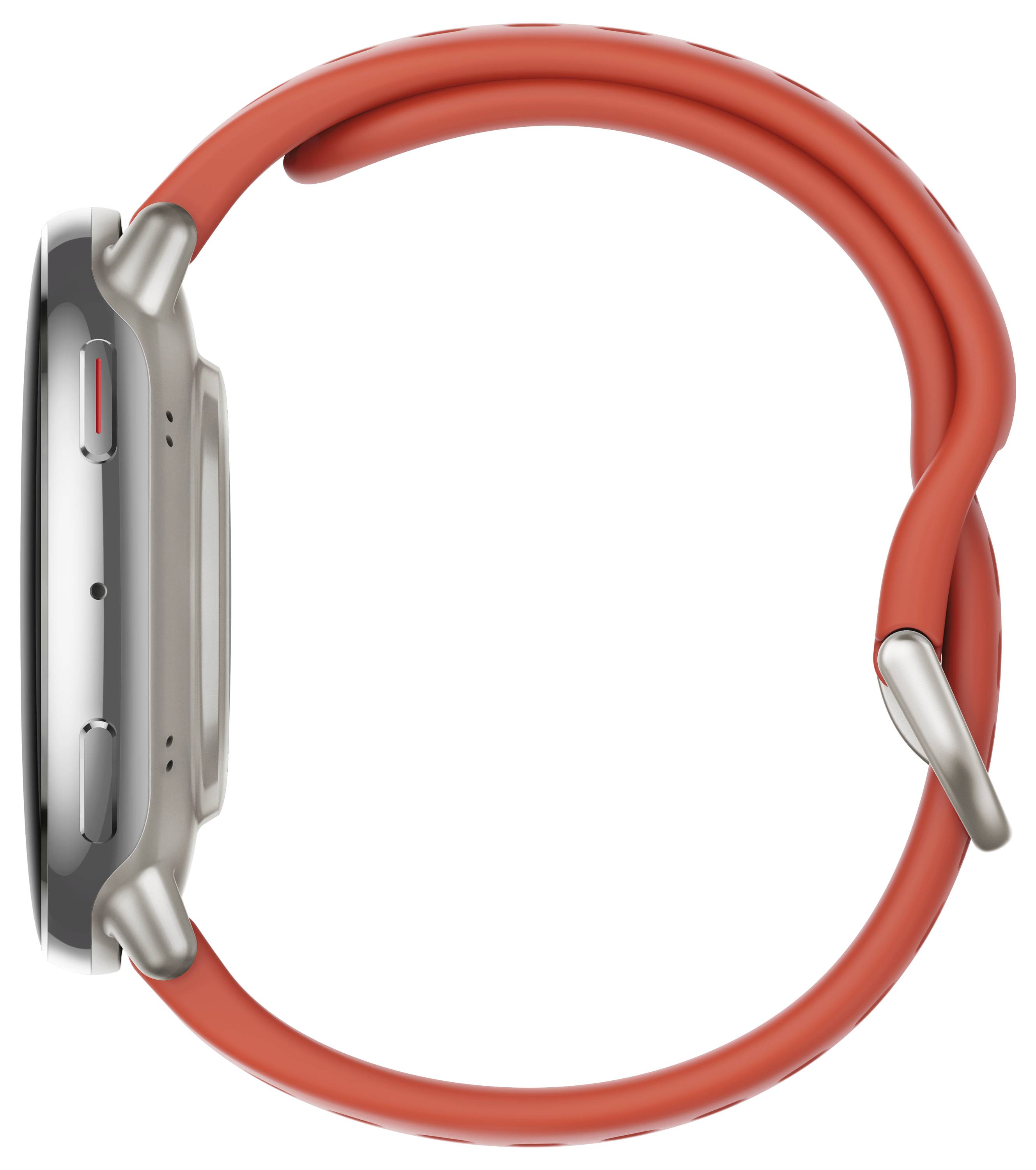 Smartwatch z tytanową obudową i czerwonym paskiem sportowym, widziany z boku, przedstawiający przyciski i opływowy, nowoczesny design.