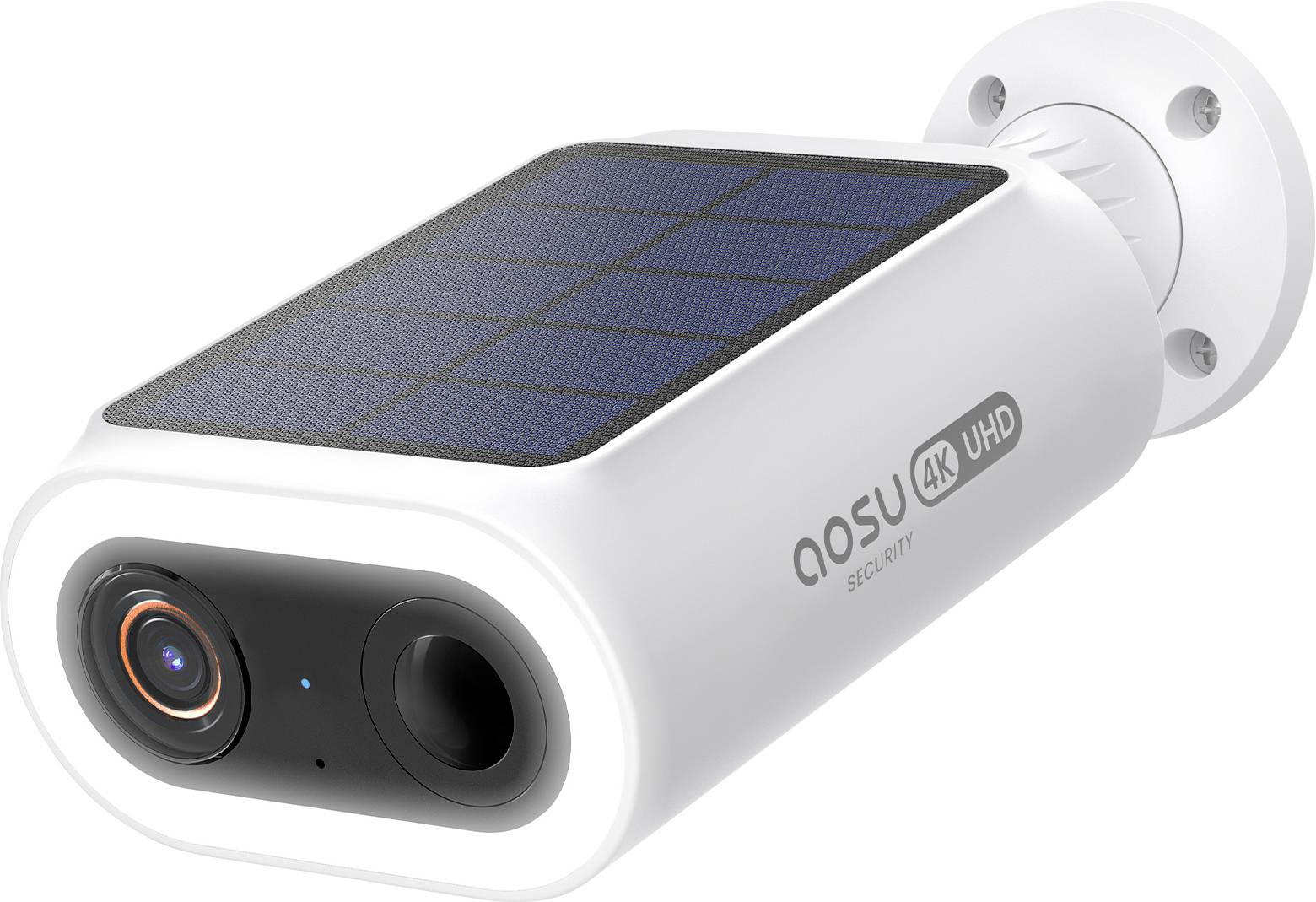 Kamera bezpieczeństwa zasilana energią słoneczną z rozdzielczością 4K UHD, zamontowana na białym uchwycie ściennym.