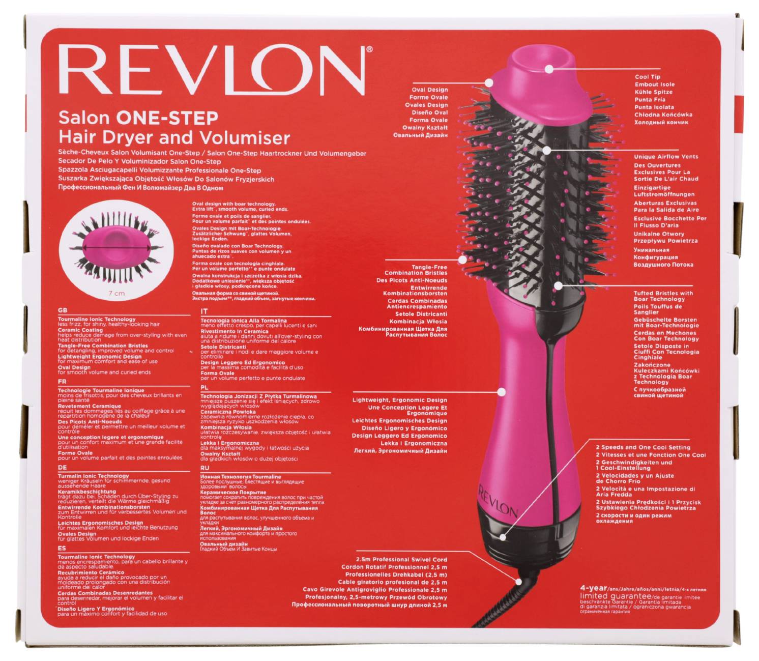 Wielofunkcyjna suszarko-lokówka Revlon Salon One-Step z opisem funkcji w wielu językach, prezentująca różowo-czarną szczotkę do stylizacji włosów.