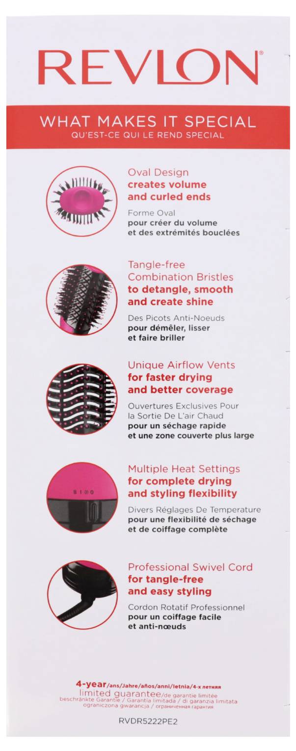 "Revlon: Co Ją Wyróżnia" pudełko produktowe z zaznaczonymi funkcjami, w tym:<br><br>- Owalny design<br>- Szczotki wolne od zaplątań<br>- Otwory wentylacyjne<br>- Formaty stylizacji<br>- Obrotowy przewód dla wygodnego użycia