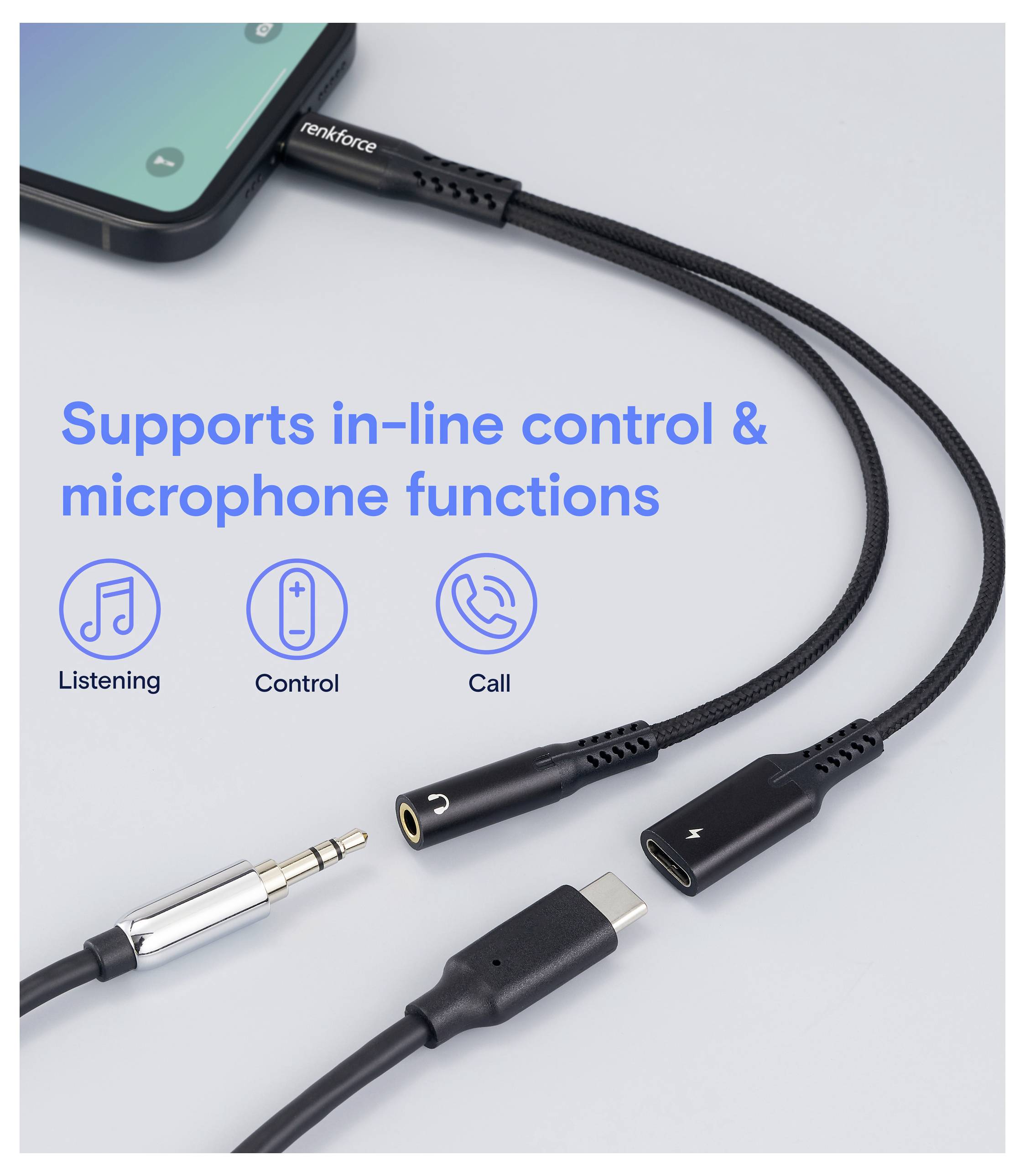 Кабель Renkforce USB 2.0 «папа» — USB-C®, 3,5 мм разъем, 15 см, черный, гибкий, RF-7116124